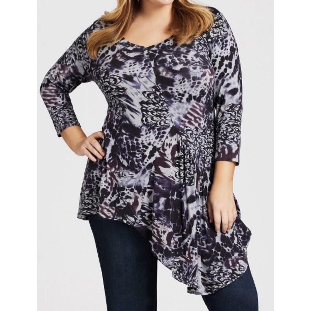 Avenue Shirt Womens Plus 30/32 (4X) Purple Gray Tie Dye 3/4 Sleeve Tunic Blouse